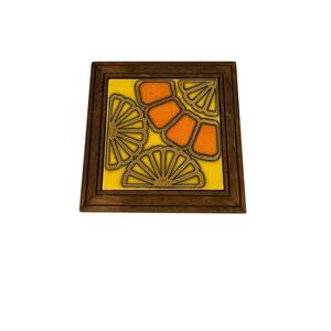 Vtg MCM Vitroceramica Made in England Ceramic Tile Wood Frame Footed Trivet Boho